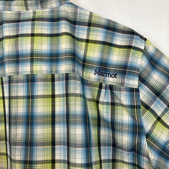 Marmot For Life Mens Gorpcore Button Up Short Sleeve Size L Blue Green Plaid - Picture 9 of 14